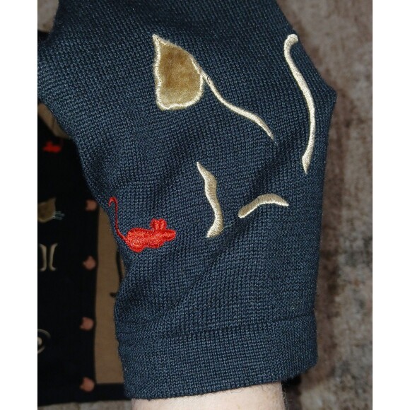 Cat Lover Knit Cardigan & Scarf Set Applique Embroidery | Black Tan | Size M... - Picture 9 of 16